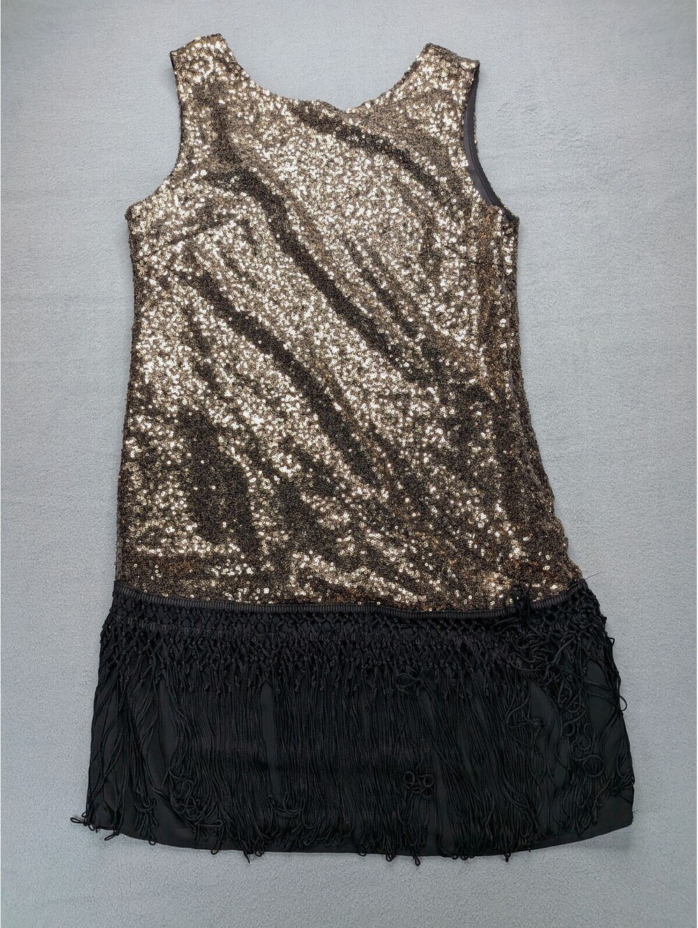 Lucy Paris Dress Womens M Gold Sequin Fringe Flapper Shift Mini Party Cocktail